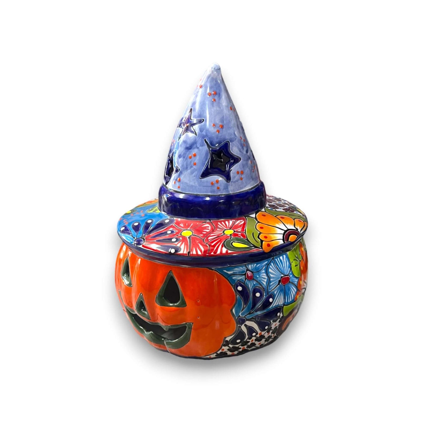 Talavera Jack-o'-Lantern | Mexican Pumpkin with Witches Hat - hand-painted Talavera pumpkin with colorful witch hat and floral motifs