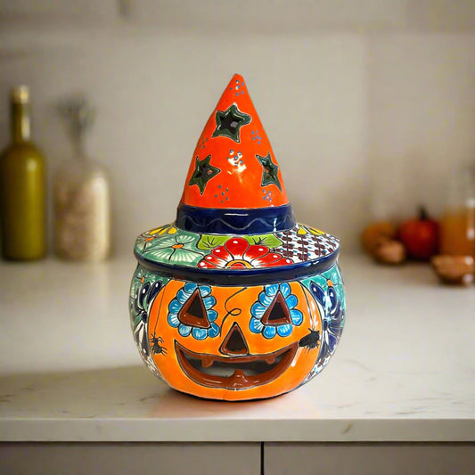 Talavera Jack-o'-Lantern | Mexican Pumpkin with Witches Hat hand-painted bright floral motifs, kiln-fired lead-free glaze, cheerful Halloween decor
