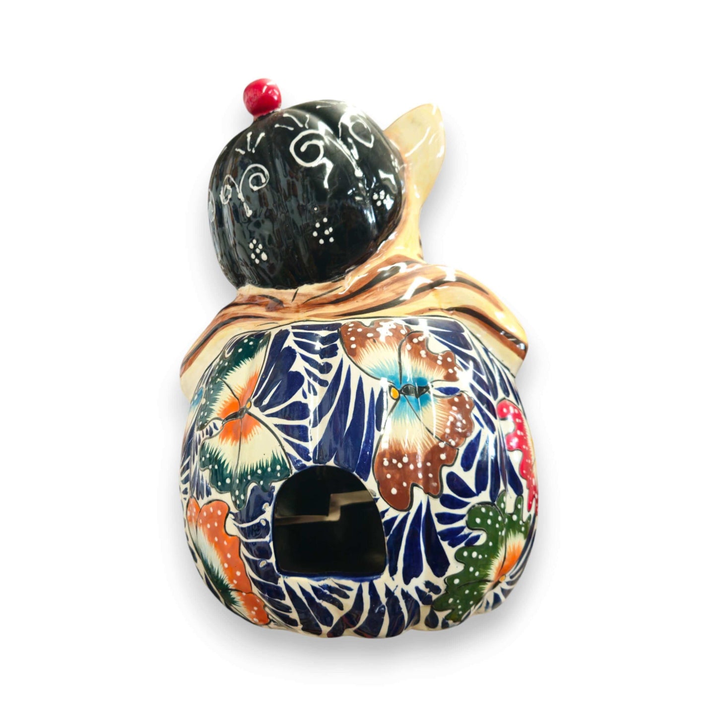 Talavera Pumpkin Animal Statue | Whimsical Fall Decor hand-painted glazed ceramic pumpkin with blue-eyed animal, floral talavera pattern