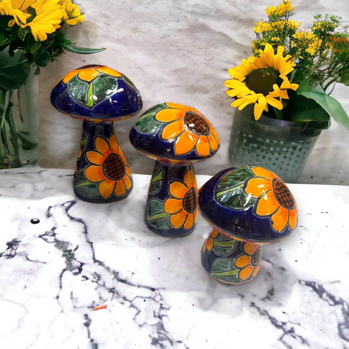 Set of 3 Talavera Mushrooms | Colorful Sunflower Art - hand-painted Mexican ceramic mushrooms with bright sunflower design