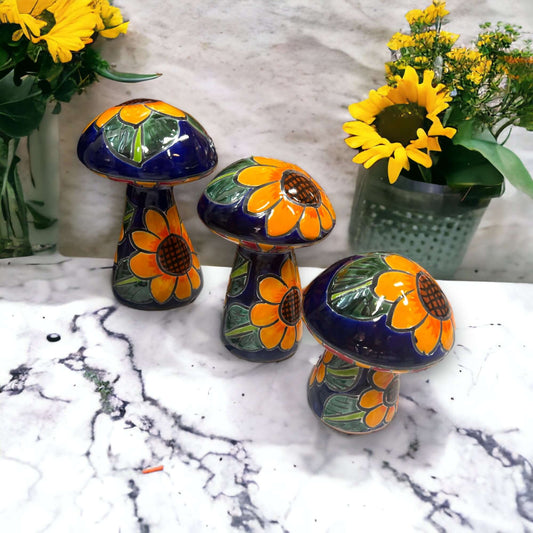 Set of 3 Talavera Mushrooms | Colorful Sunflower Art - hand-painted Mexican ceramic mushrooms with bright sunflower design