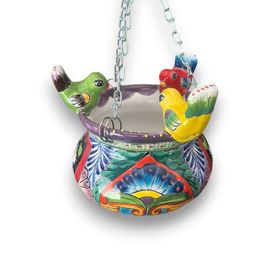 Talavera Hanging Planter with Birds | Small Handmade Ceramic Pot — colorful hand-painted Talavera bird hanging planter, lead-free glaze, Mexican craftsmanship