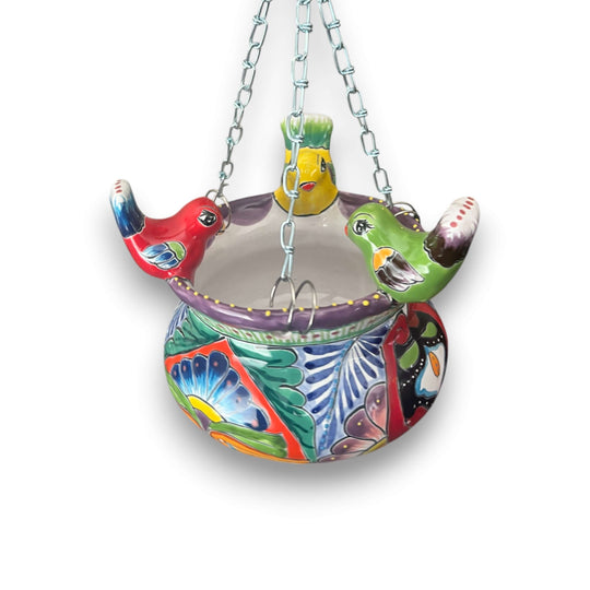 Talavera Hanging Planter with Birds | Small Handmade Ceramic Pot - colorful hand-painted Talavera hanging bird planter, lead-free glazed