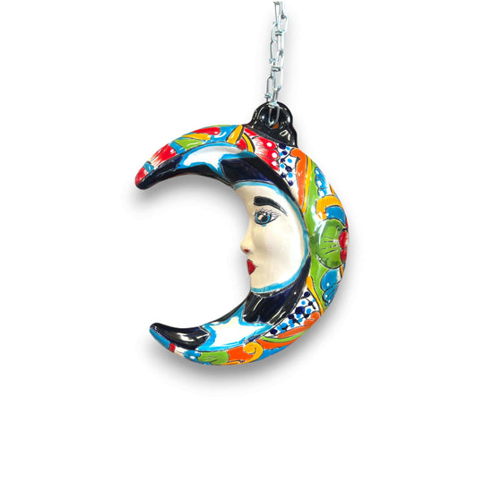 Talavera Crescent Moon Face | Hanging Mexican Wall Art - hand-painted kiln-fired Talavera crescent moon with serene face in vivid reds and blues