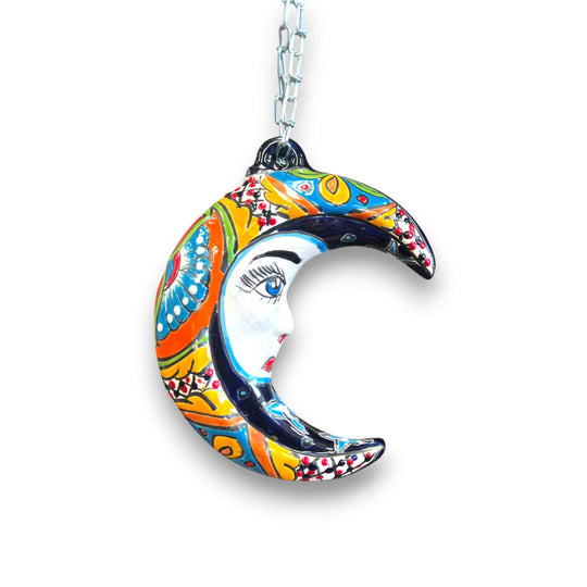 Talavera Crescent Moon Face | Hanging Mexican Wall Art - hand-painted Talavera crescent moon with serene face, vivid reds and blues, hanging wall decor