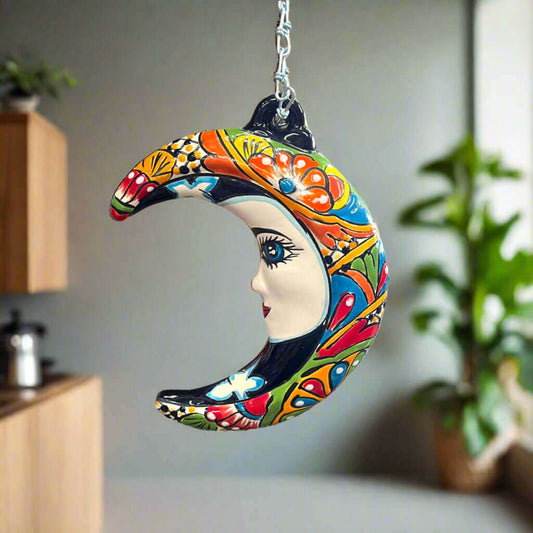 Talavera Crescent Moon Face | Hanging Mexican Wall Art - hand-painted colorful Talavera crescent moon with serene face, kiln-fired, lead-free glaze, hanging decor