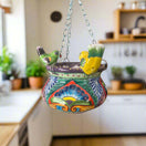 Talavera Hanging Planter with Birds | Small Handmade Ceramic Pot — colorful hand-painted hanging planter with bird accents, lead-free glazed, Mexican artisan-made