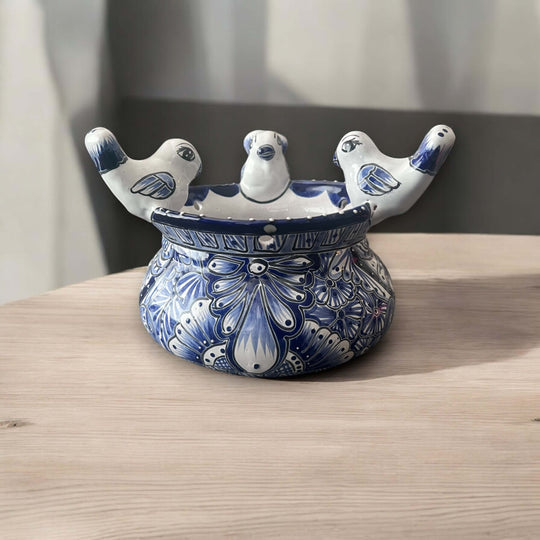 Talavera Hanging Planter with Birds | Small Handmade Ceramic Pot - blue hand-painted Talavera hanging flower pot with three bird figures
