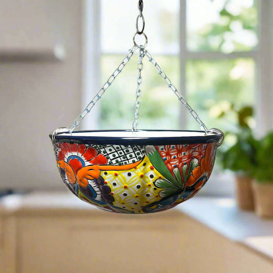 Talavera Hanging Planter | Colorful Hand-Painted Mexican Flower Pot hanging ceramic planter with vibrant floral Talavera patterns and metal chain