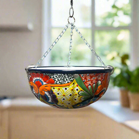 Talavera Hanging Planter | Colorful Hand-Painted Mexican Flower Pot hanging ceramic planter with vibrant floral Talavera patterns and metal chain