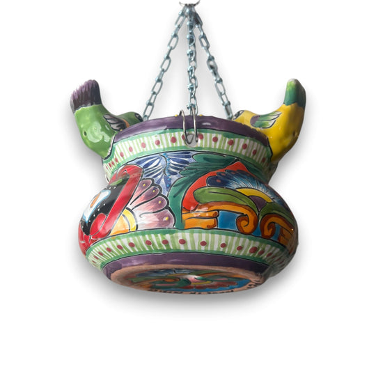 Talavera Hanging Planter with Birds | Small Handmade Ceramic Pot - colorful hand-painted Talavera hanging planter with bird handles and metal chain