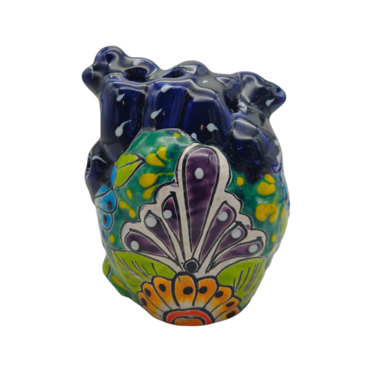 Blue Talavera heart figurine with purple and floral front decoration