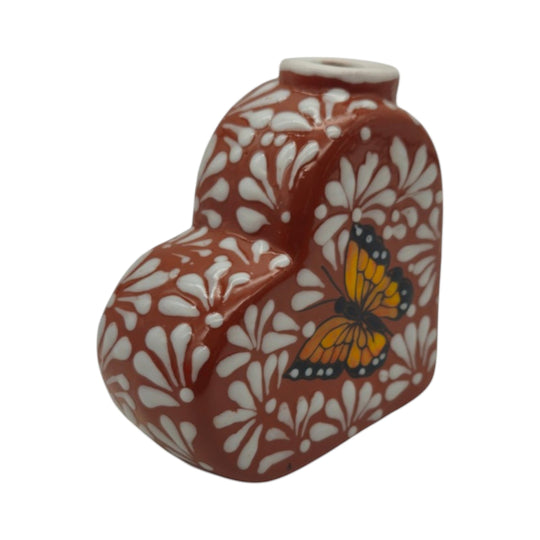 Talavera Heart Vase | Brown & White Butterfly Design featuring a hand-painted butterfly on a warm brown background.