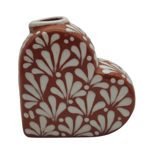 Talavera Heart Vase | Brown & White Butterfly Design in handcrafted ceramic with intricate floral pattern.