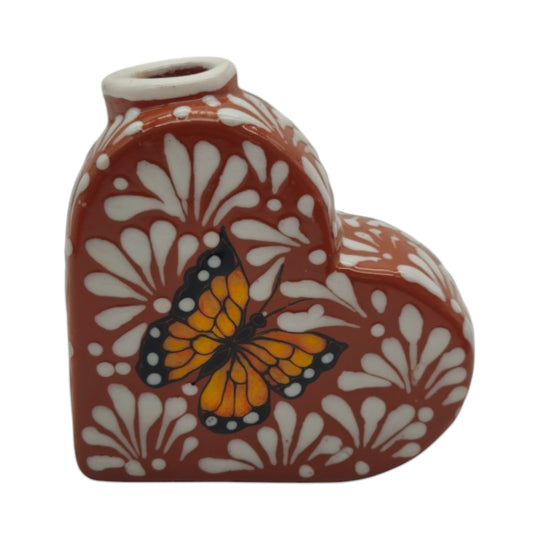 Talavera Heart Vase | Brown & White Butterfly Design with hand-painted butterfly and floral patterns.
