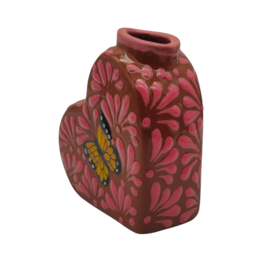 Talavera Heart Vase | Pink Monarch Butterfly Design, handcrafted ceramic vase featuring pink glaze and butterfly motif.