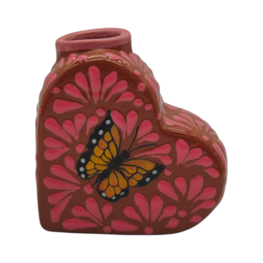 Talavera Heart Vase | Pink Monarch Butterfly Design showcasing a heart-shaped ceramic vase with pink floral patterns.