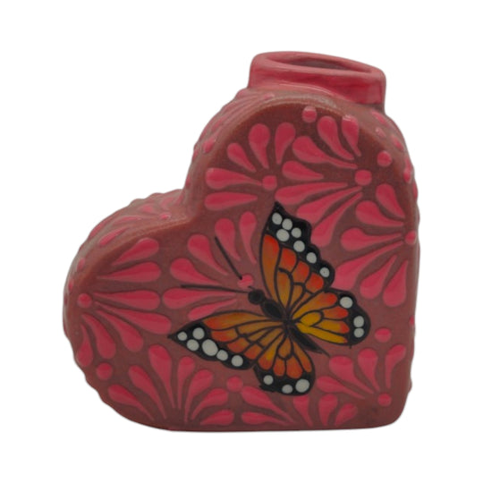 Talavera Heart Vase | Pink Monarch Butterfly Design featuring vibrant pink glaze and a hand-painted butterfly motif.