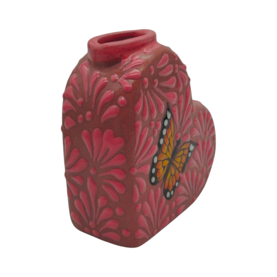 Talavera Heart Vase | Pink Monarch Butterfly Design featuring exquisite pink glaze and hand-painted butterfly details.