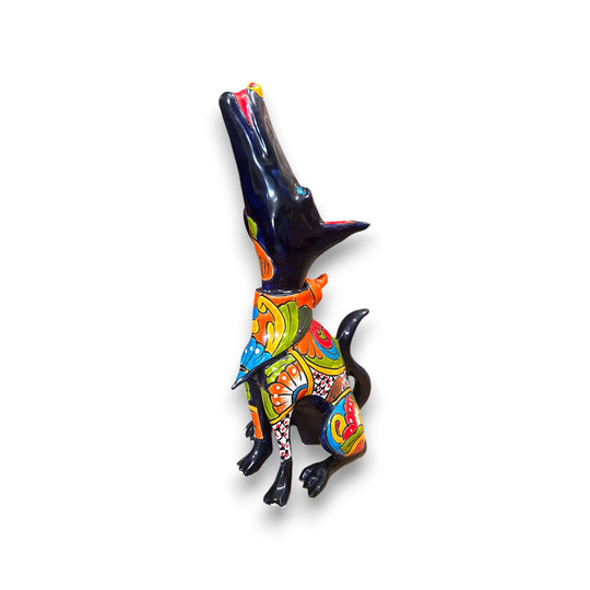 Talavera Howling Coyote Statue | Handmade Mexican Folk Art - hand-painted colorful Talavera coyote sculpture, kiln-fired lead-free glaze, Guanajuato artisan piece