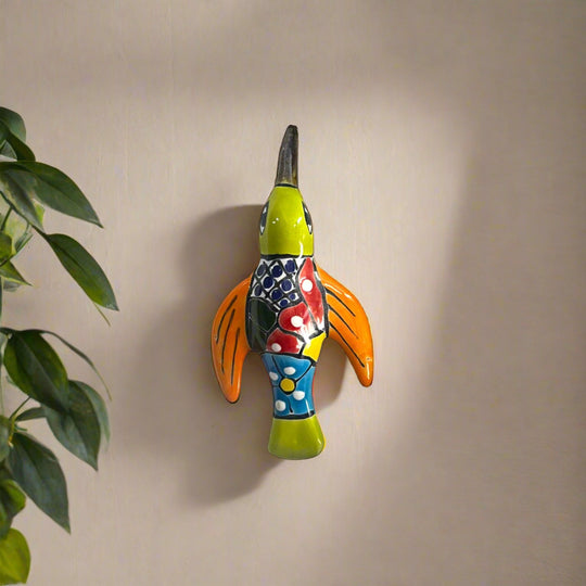 Talavera Hummingbird Wall Art | Mexican Hand-Painted Bird Decor - hand-painted red, navy, orange & green Talavera ceramic hummingbird wall decor