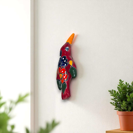 Talavera Hummingbird Wall Art | Mexican Hand-Painted Bird Decor - hand-painted red hummingbird wall sculpture with floral details