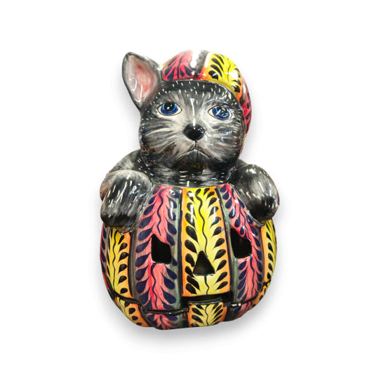 Talavera Pumpkin Animal Statue | Whimsical Fall Decor – hand-painted cat pumpkin with blue eyes, orange and green Talavera patterns, kiln-fired Mexican folk art