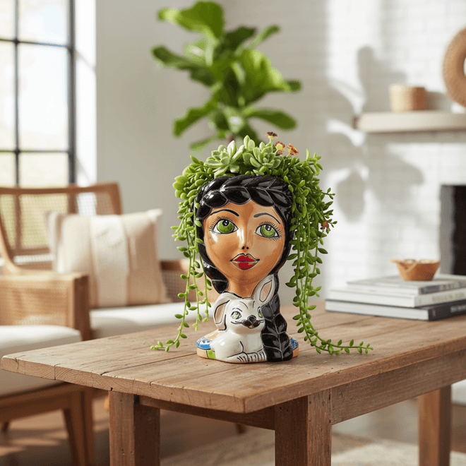 Talavera Lady & Bunny Planter - lifestyle product view 1