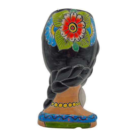 Back view showing floral details on a Talavera lady and bunny planter