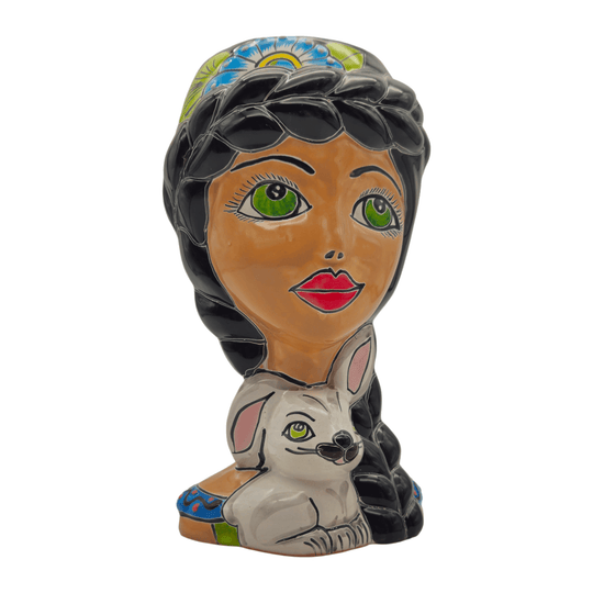 Front detail of a colorful Talavera lady and bunny planter