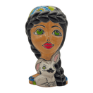 Full front view of a colorful hand-painted Talavera lady and bunny planter