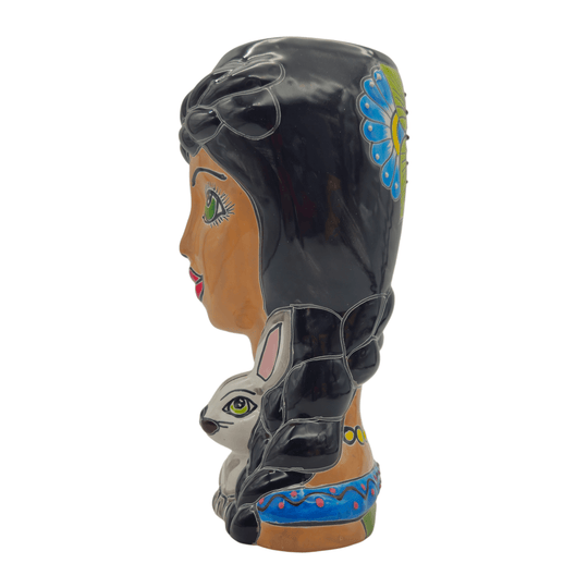 Side view of the Talavera lady and bunny ceramic planter