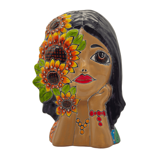 Front view of a Talavera lady face planter with sunflower design and dark hair