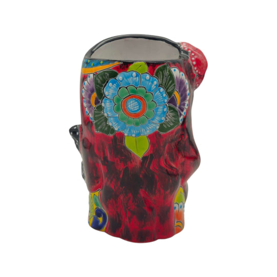 Back view of Talavera lady head planter with a large floral design
