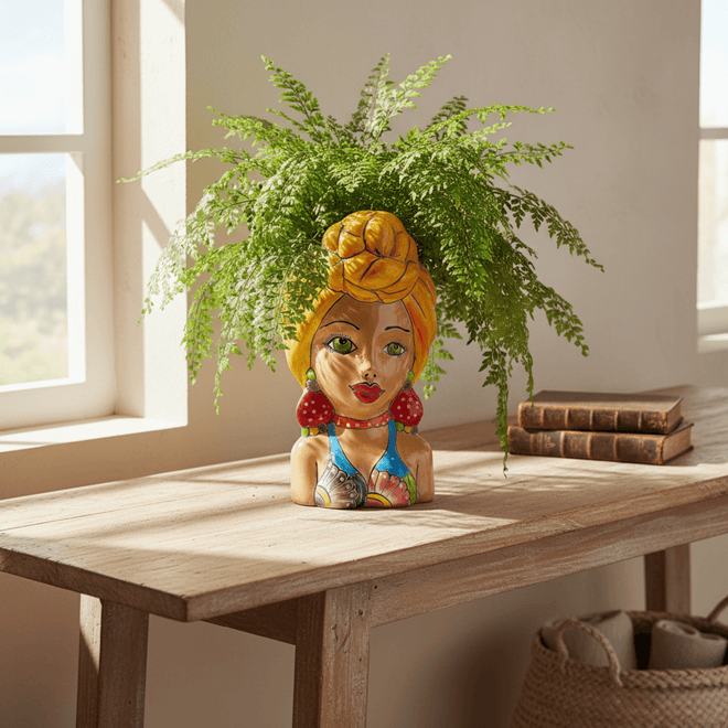 Colorful Talavera lady head planter with fern on a wooden table