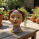 Talavera lady head planter styled with a trailing plant in a garden setting