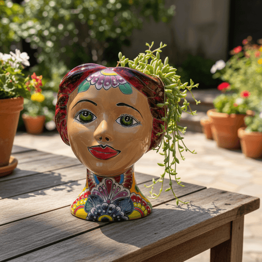 Talavera lady head planter styled with a trailing plant in a garden setting
