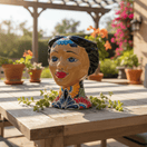 Talavera lady head planter displayed on a patio table with trailing greenery