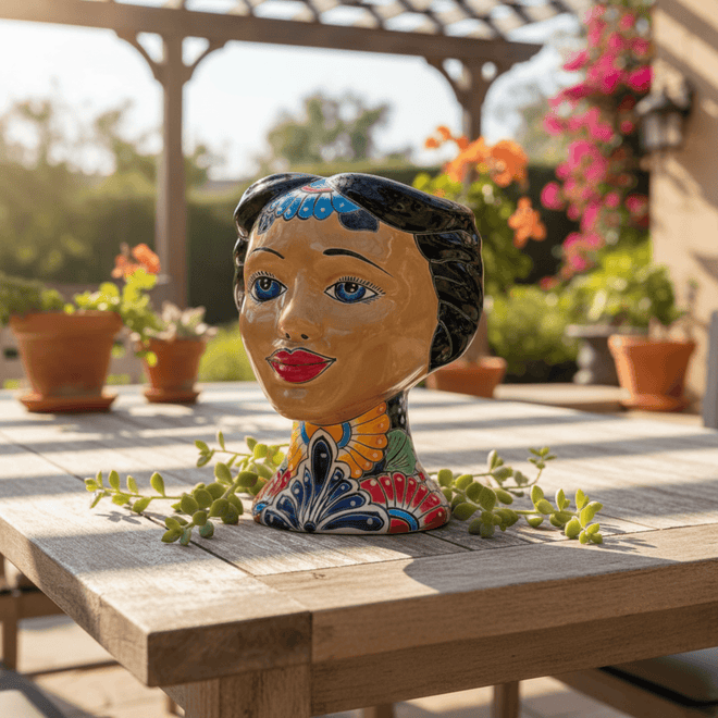 Talavera lady head planter displayed on a patio table with trailing greenery