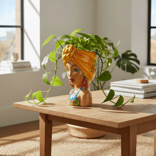 Side view of colorful Talavera lady head planter with trailing houseplant