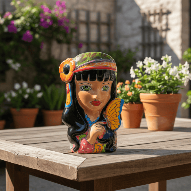 Talavera lady head planter with butterfly design displayed among garden plants