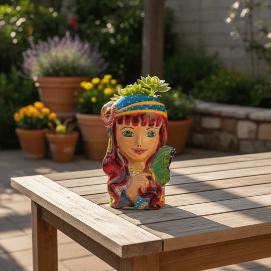 Talavera lady head butterfly planter holding a succulent on a wooden table