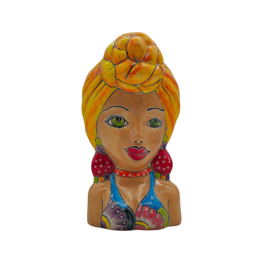Front view of colorful hand-painted Talavera lady head planter