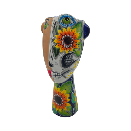 Talavera Lady Planter | Day of the Dead Face Design with vibrant sunflowers.