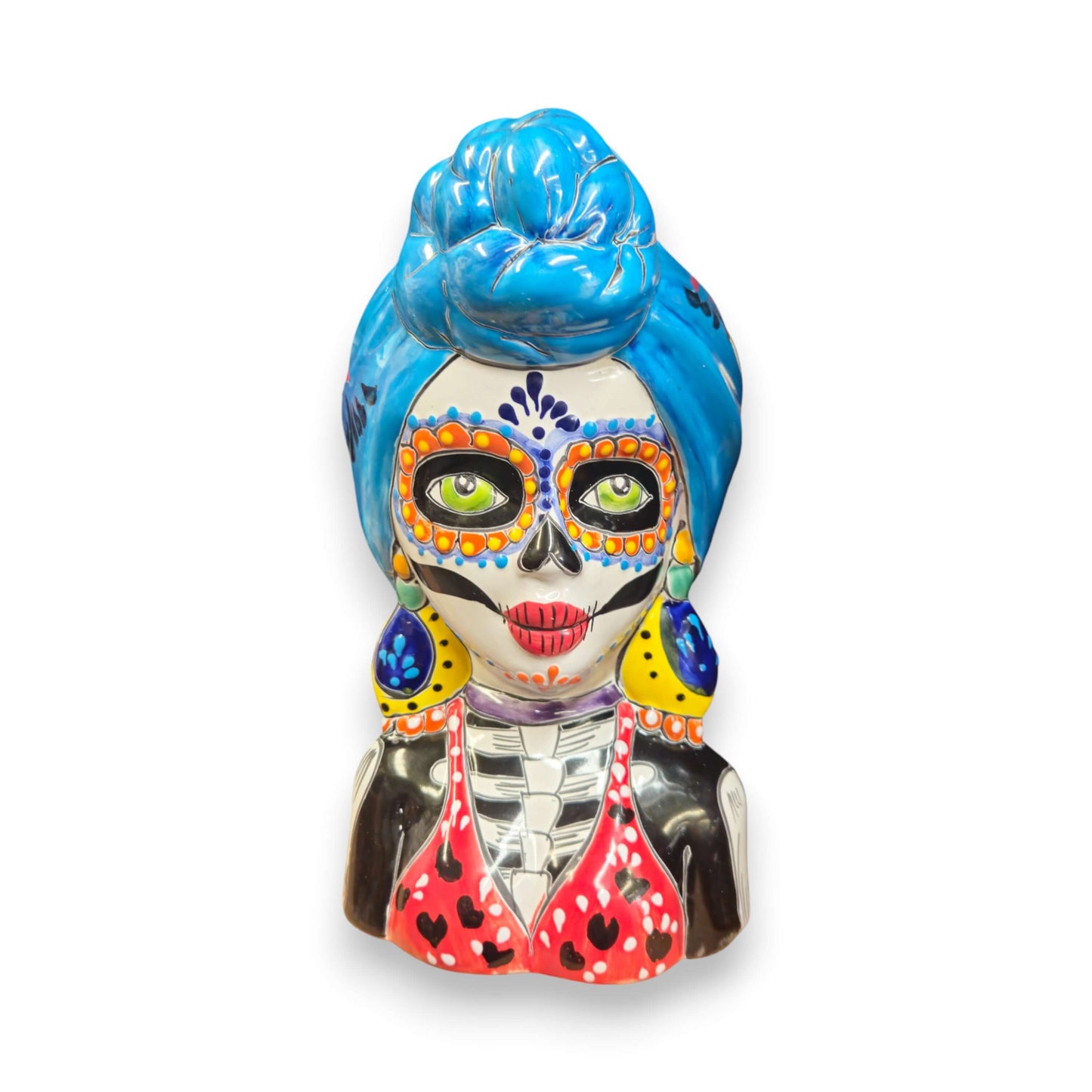 Talavera Skull Lady Planter | Colorful Day of the Dead Art - hand-painted Talavera lady skull planter with blue bun, vivid red blue yellow green patterns