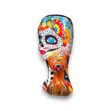 Talavera Lady Skull Planter | Colorful Day of the Dead Pot with Dog - hand-painted Talavera sugar skull planter with dog companion