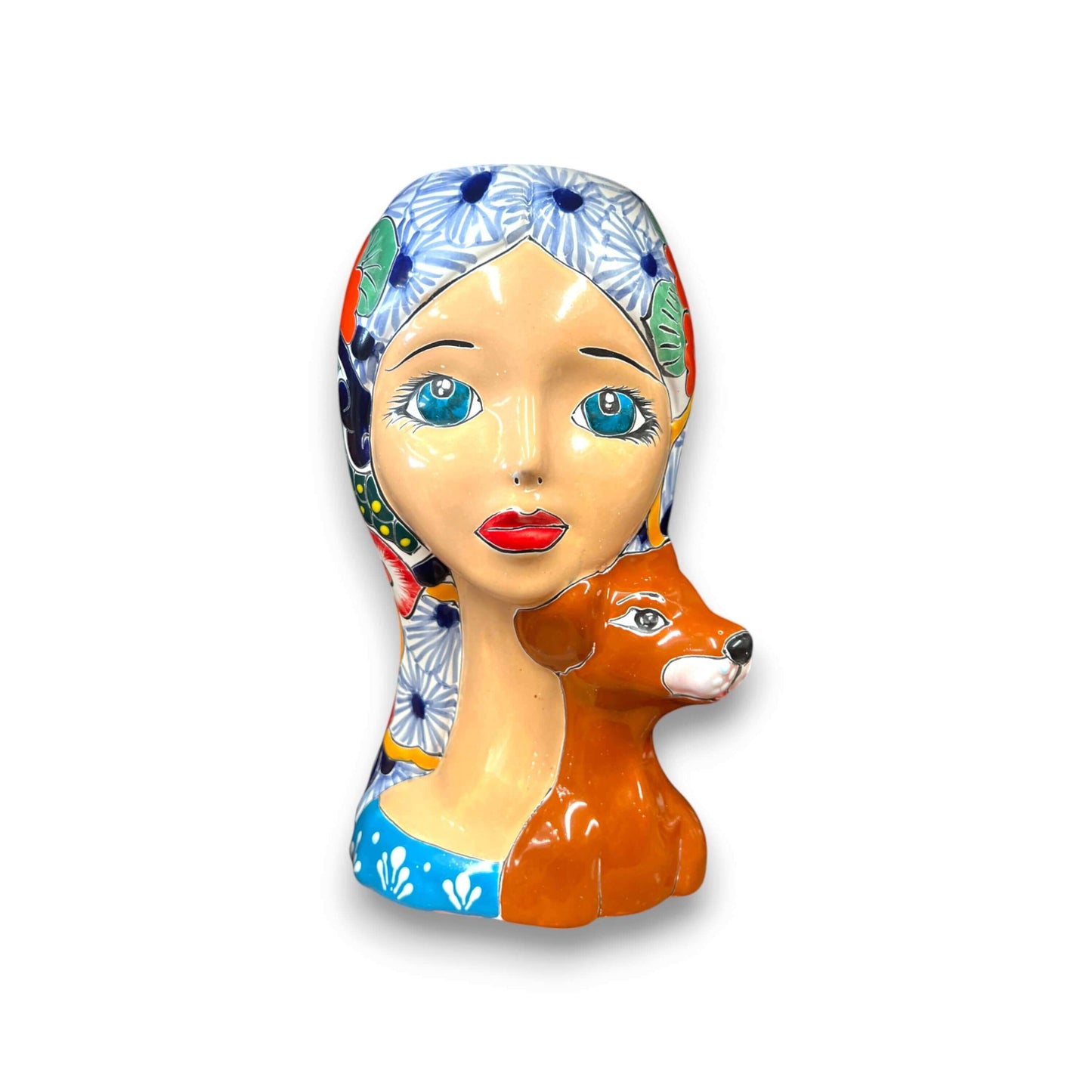 Talavera Lady Skull Planter | Colorful Day of the Dead Pot with Dog hand-painted lady skull planter with blue floral headscarf and brown dog companion