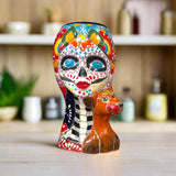 Talavera Lady Skull Planter | Colorful Day of the Dead Pot with Dog - hand-painted Talavera skull lady planter with small dog companion