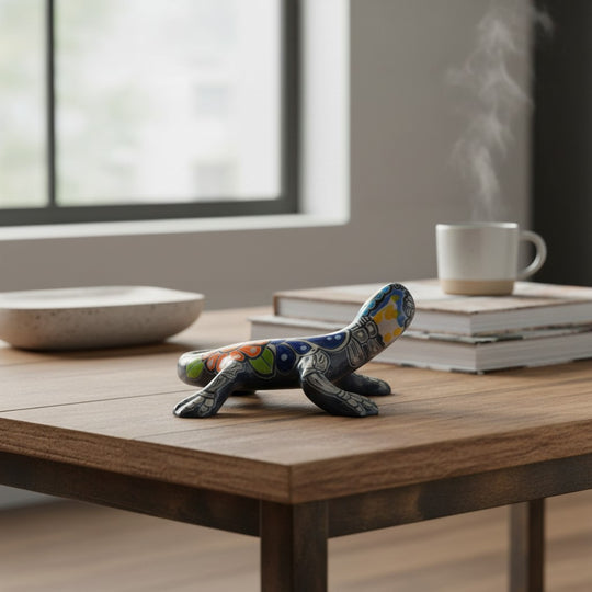 The Talavera Hub ceramic lizard figurine with hand-painted floral and skeletal details in blue, green, orange, and red.