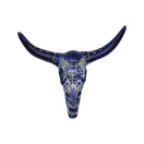 Front view of blue and white Talavera longhorn skull wall art on a white background